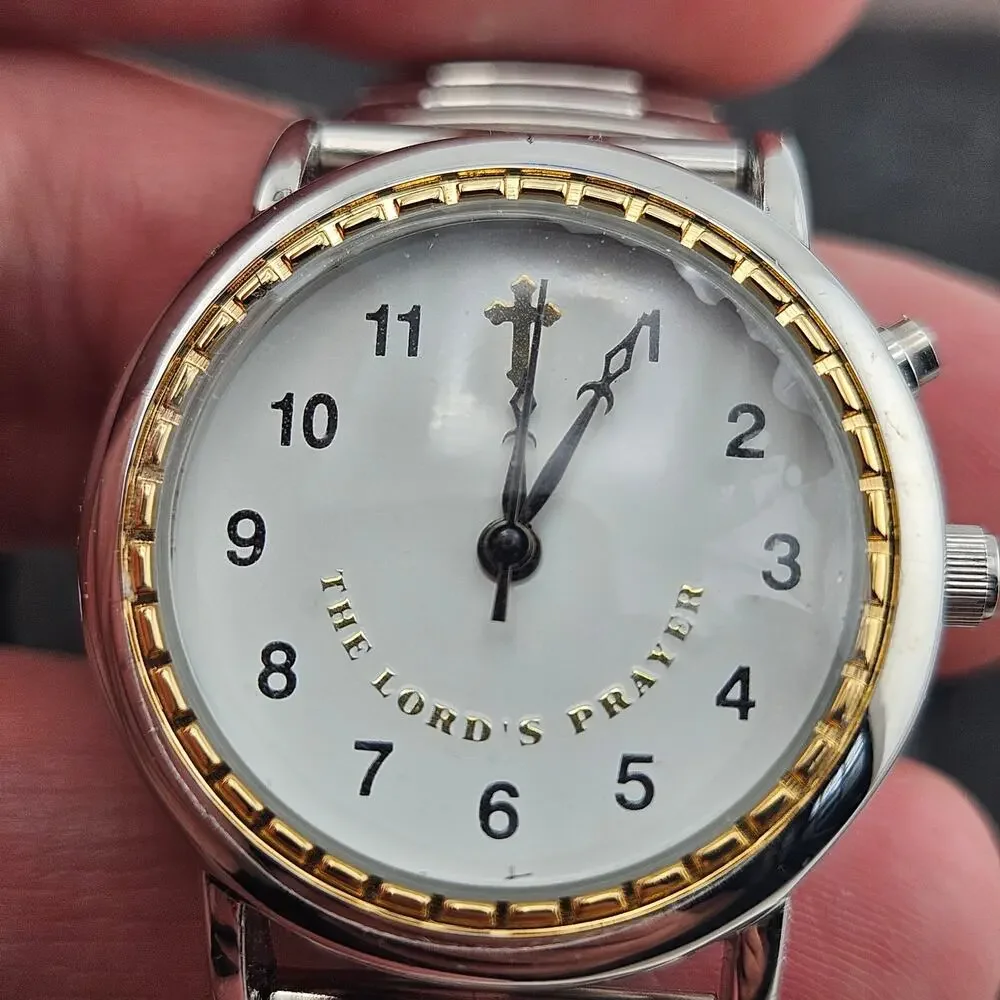 Avon Talking Prayer Watch Religious Silver Gold Two Tone Stretch Pull On Band